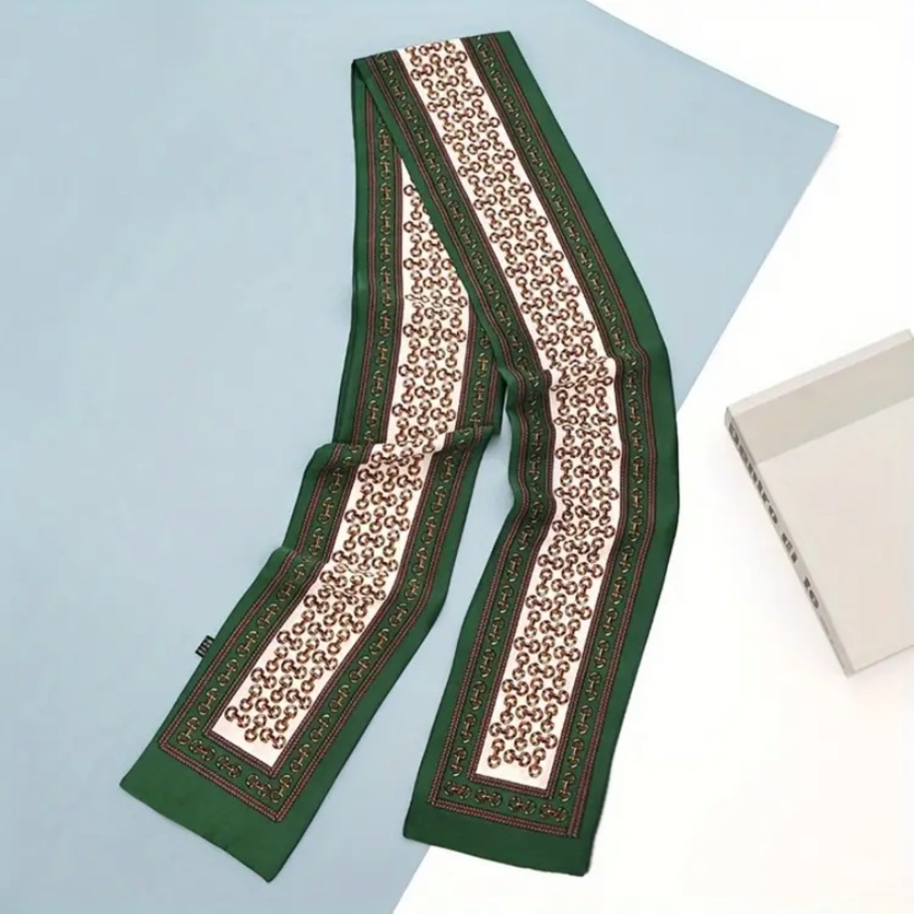 New Long Multipurpose Saddle Print Scarf Silk Like Green Cream Brown Stripe - Picture 10 of 13